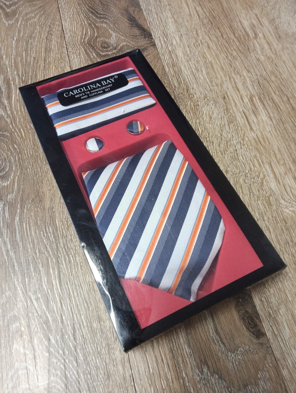 Men’s Navy, White and Orange Stripe Tie Set
